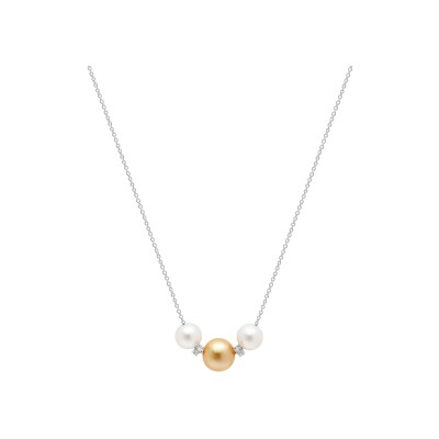 Collier Galaxy en or blanc, perle gold et perles d'eau douce blanches et diamants