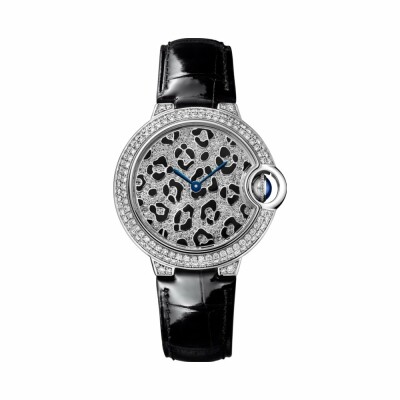 Montre Ballon Bleu de Cartier taches de panthère, 33mm, or gris rhodié, alligator, émail, diamants