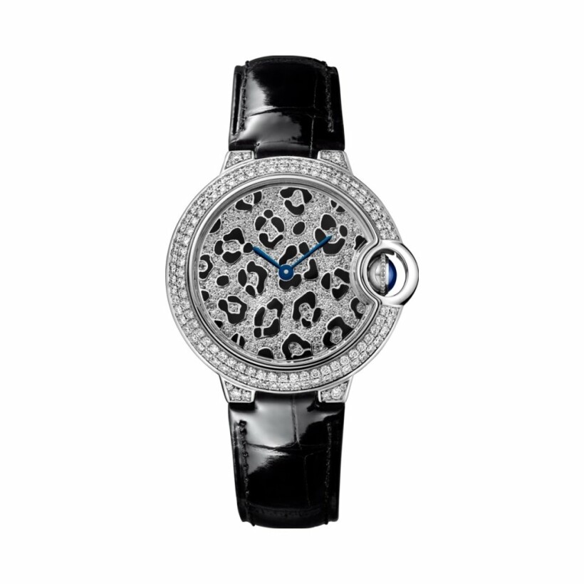 Ballon Bleu de Cartier panther spots watch, 33mm, automatic movement, white gold, enamel, diamonds, leather