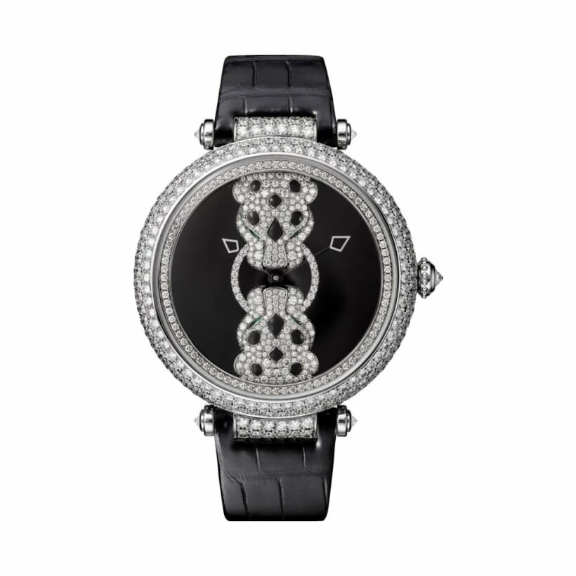 Rencontre de Panthères watch, 42mm, automatic movement, white gold, diamonds, emeralds, lacquer