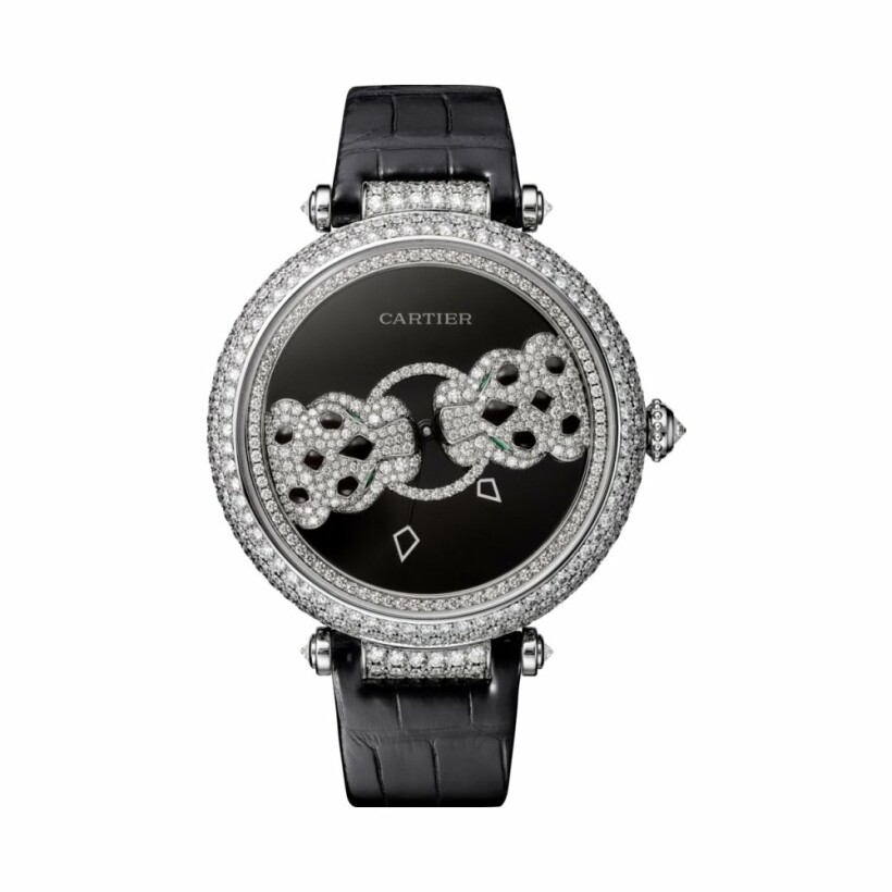 Rencontre de Panthères watch, 42mm, automatic movement, white gold, diamonds, emeralds, lacquer