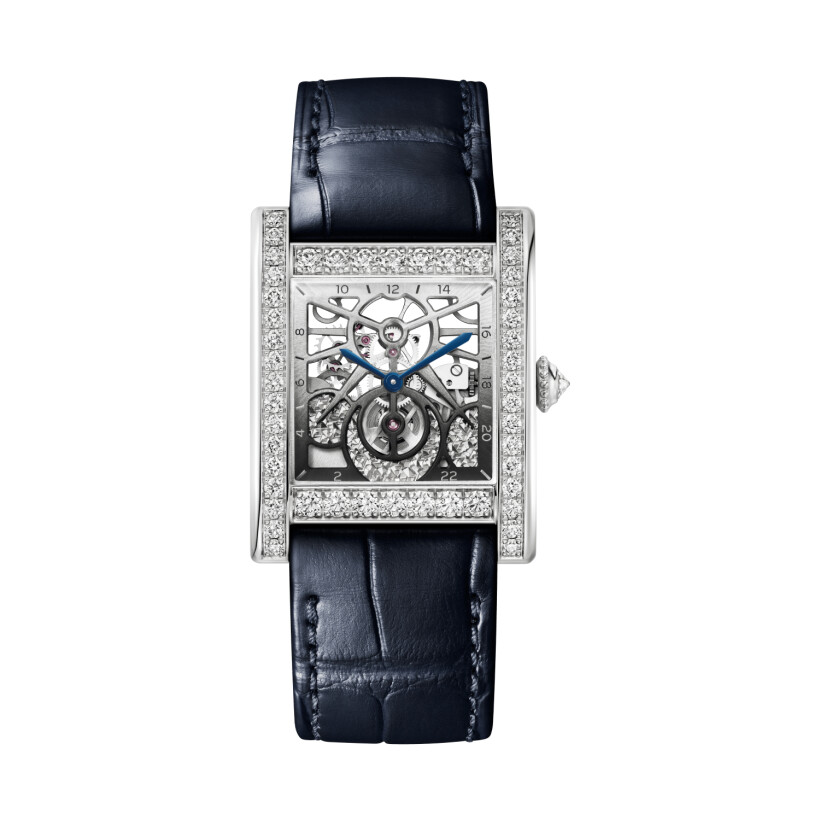 Tank Normale Cartier watch Large model, hand-wound mechanical skeleton movement, platinum, diamonds, leather