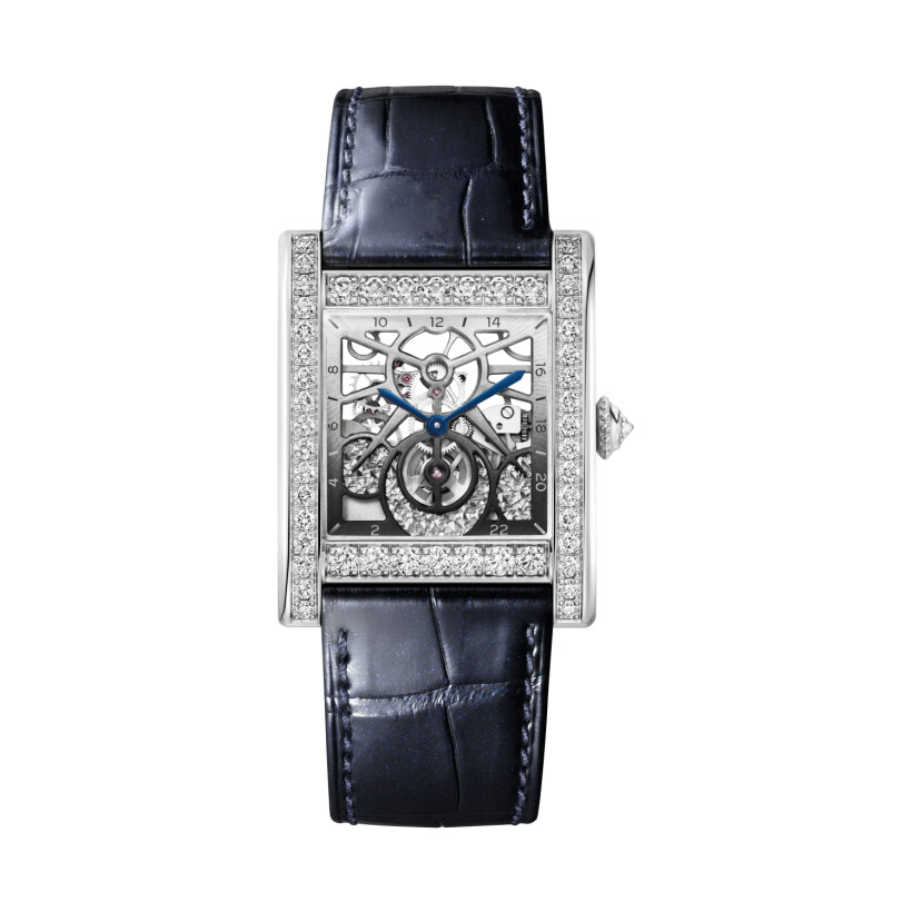 Tank Normale Cartier watch Large model, hand-wound mechanical skeleton movement, platinum, diamonds, leather