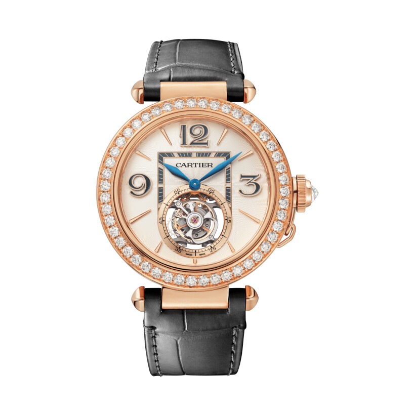 Pasha de Cartier watch 41 mm, hand-wound mechanical movement, rose gold, diamonds, 2 interchangeable leather straps