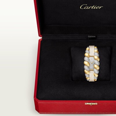 Montre Tressage de Cartier mouvement quartz, or jaune, diamants, 2 bracelets cuir interchangeables