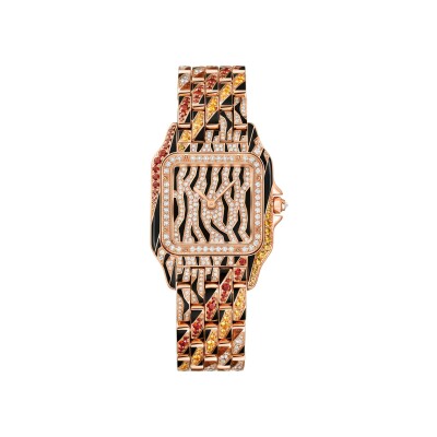 Montre Panthère de Cartier Moyen modèle, mouvement quartz, or rose, diamants, spessartites, laques