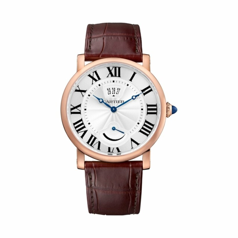 Rotonde de Cartier watch, Calendar Aperture and Power Reserve, 40mm, hand-wound mechanical movement, rose gold, leather