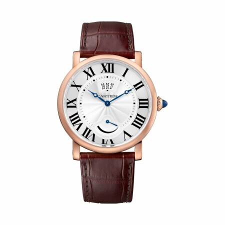 Montre Rotonde de Cartier Quantième à guichet et réserve de marche, 40 mm, or rose, cuir