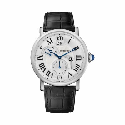 Montre Rotonde de Cartier Grande Date Second Fuseau Retrograde et Indicateur Jour Nuit, 42 mm, acier, cuir