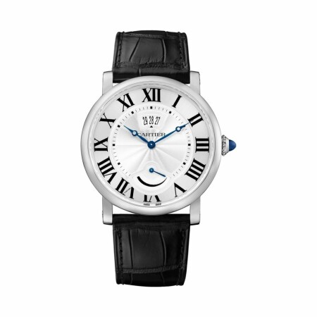 Montre Rotonde de Cartier Quantième à guichet et réserve de marche, 40 mm, acier, cuir