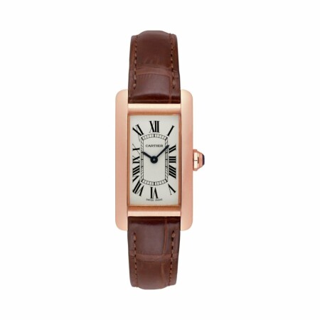 Montre Tank Américaine Petit modèle, mouvement quartz, or rose, cuir