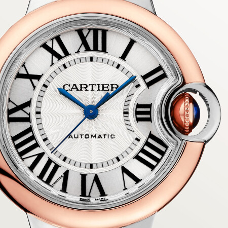 Montre Ballon Bleu de Cartier 33 mm, mouvement mécanique automatique, or rose, acier