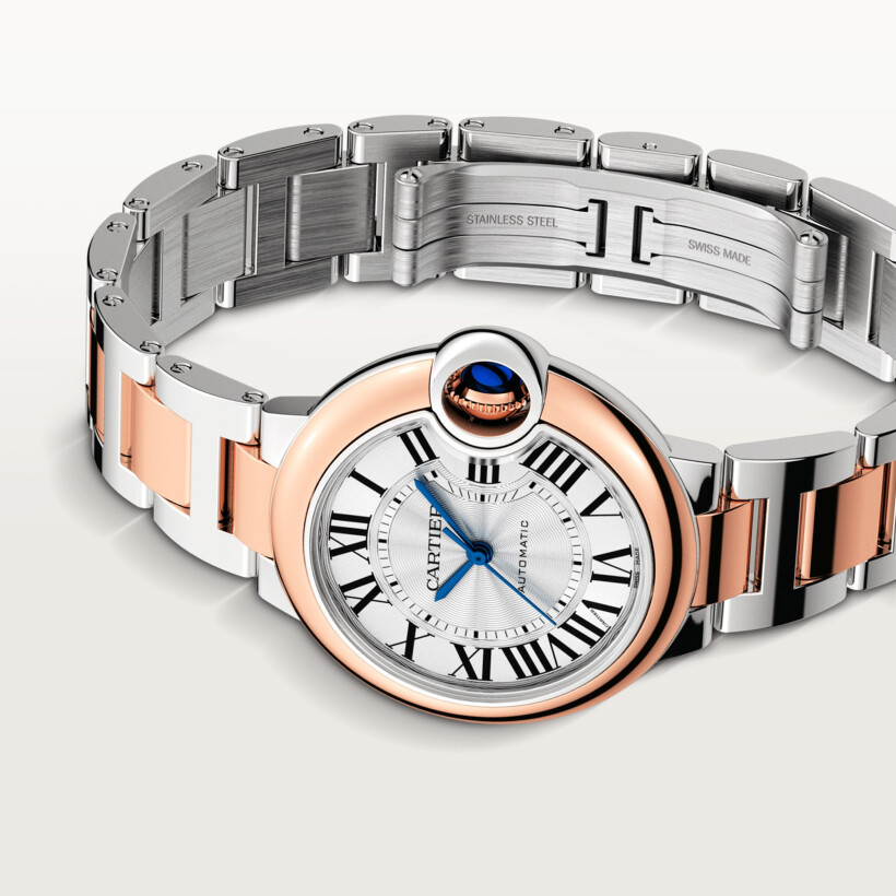 Ballon Bleu de Cartier watch, 33 mm, mechanical movement with automatic winding, rose gold, steel