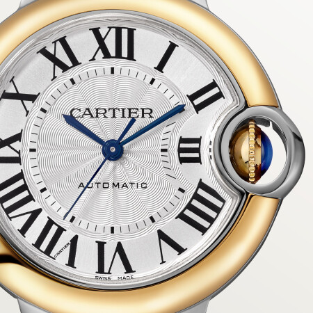 Montre Ballon Bleu de Cartier 33 mm, mouvement mécanique automatique, or jaune, acier