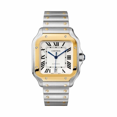 Santos de Cartier watch, Large model, automatic movement, yellow gold, steel, interchangeable metal and leather bracelets