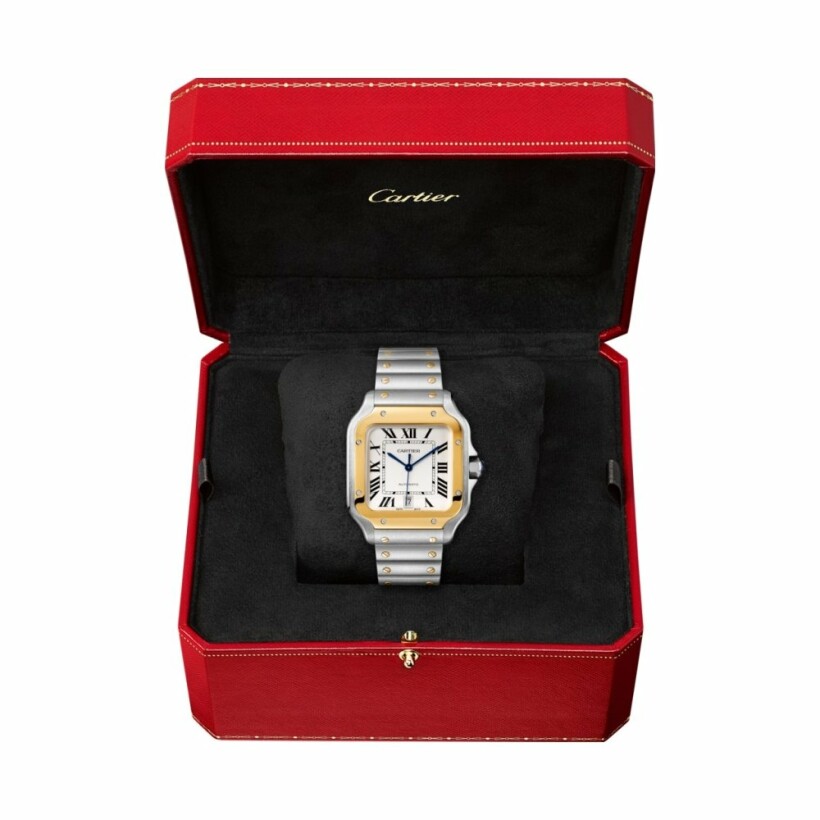 Santos de Cartier watch, Large model, automatic movement, yellow gold, steel, interchangeable metal and leather bracelets