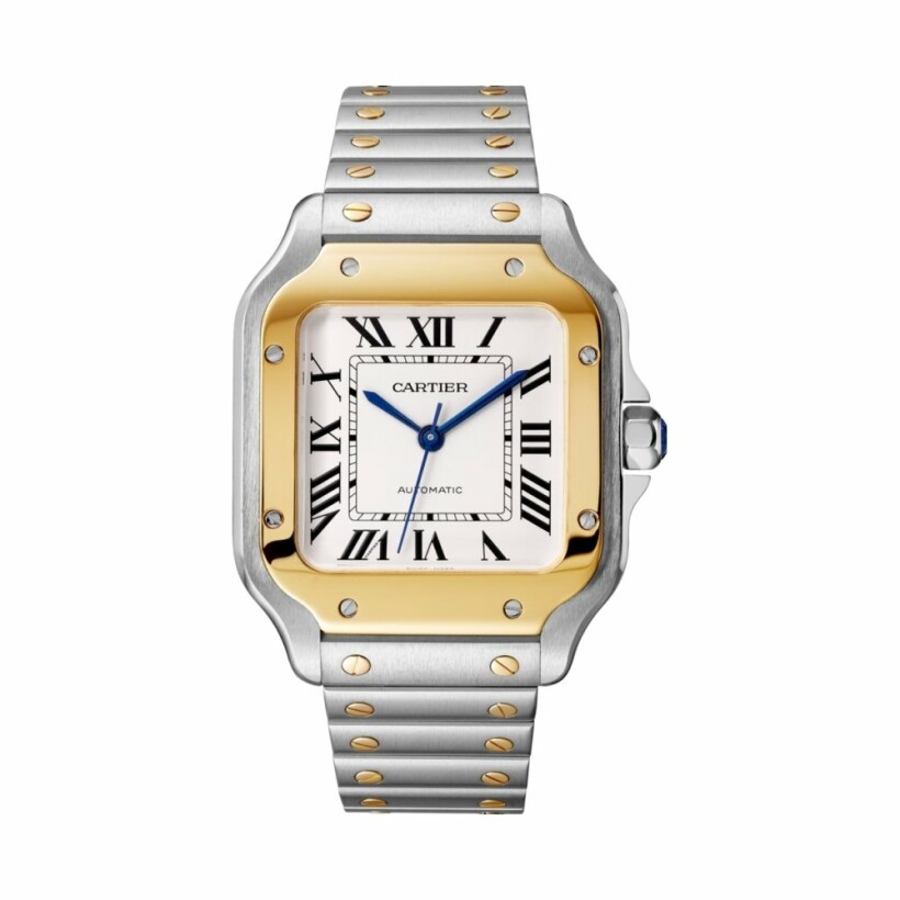 Santos de Cartier watch, Medium model, automatic movement, yellow gold, steel, interchangeable metal and leather bracelets
