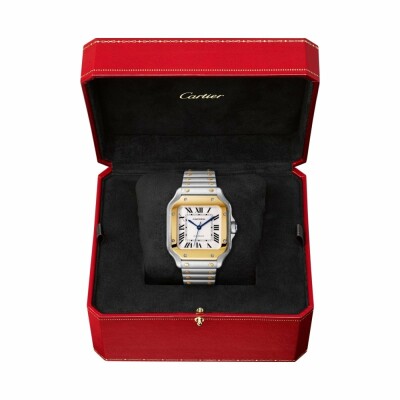 Santos de Cartier watch, Medium model, automatic movement, yellow gold, steel, interchangeable metal and leather bracelets