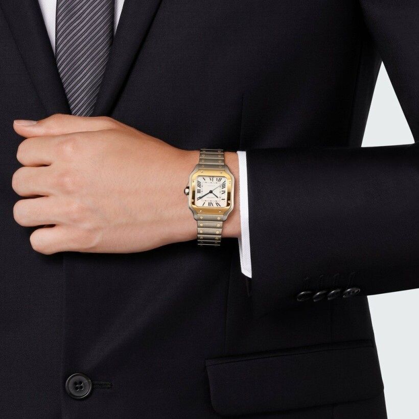 Santos de Cartier watch, Medium model, automatic movement, yellow gold, steel, interchangeable metal and leather bracelets