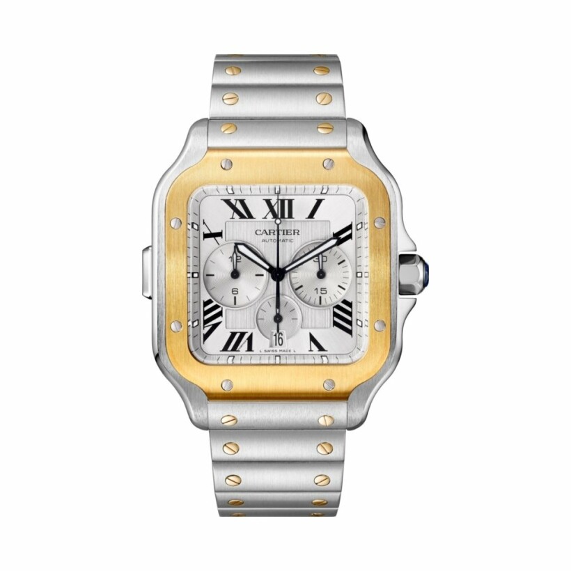 Santos de Cartier Chronograph watch, Extra-large model, automatic movement, yellow gold, steel, interchangeable metal and rubber bracelets