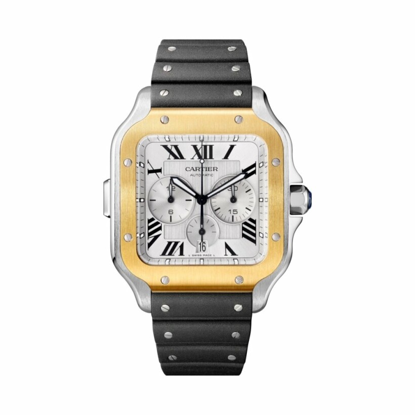 Santos de Cartier Chronograph watch, Extra-large model, automatic movement, yellow gold, steel, interchangeable metal and rubber bracelets