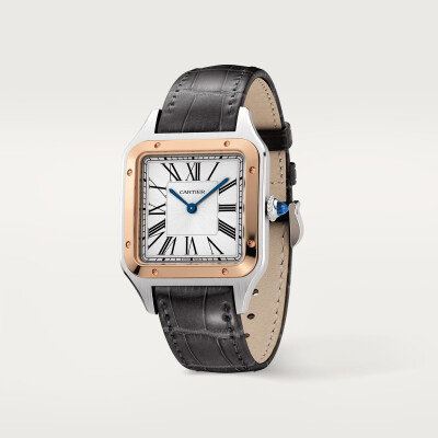 Montre Santos-Dumont Grand modèle, mouvement quartz, or rose, acier, cuir