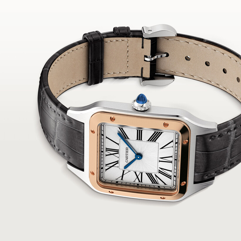 Santos-Dumont watch, Large model, quartz movement, rose gold, steel, leather