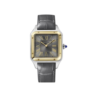 Montre Santos-Dumont, Grand modèle, mouvement quartz, or jaune, acier, cuir