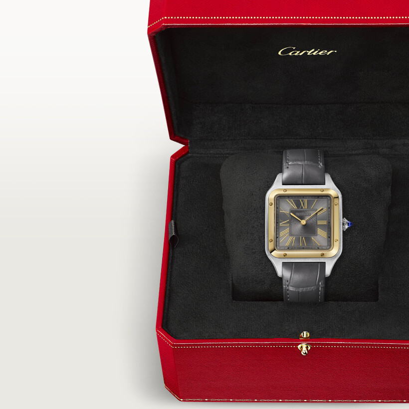 Cartier Santos-Dumont watch, Large model, quartz movement, yellow gold, steel, leather