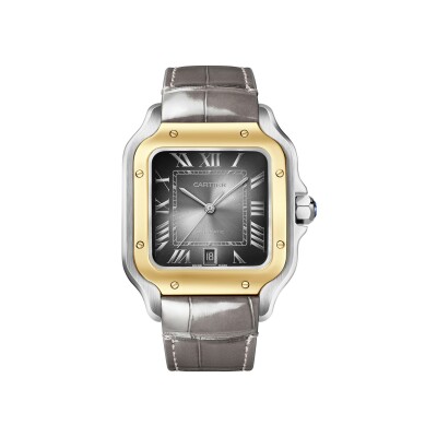 Montre Santos de Cartier Grand modèle, mouvement automatique, or jaune et acier, bracelets métal et cuir interchangeables