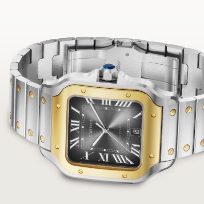 Montre Santos de Cartier Grand modèle, mouvement automatique, or jaune et acier, bracelets métal et cuir interchangeables