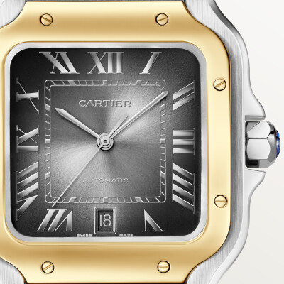 Montre Santos de Cartier Grand modèle, mouvement automatique, or jaune et acier, bracelets métal et cuir interchangeables