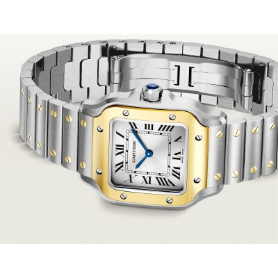 Montre Santos de Cartier Petit modèle, mouvement quartz, or jaune et acier, bracelets métal et cuir interchangeables