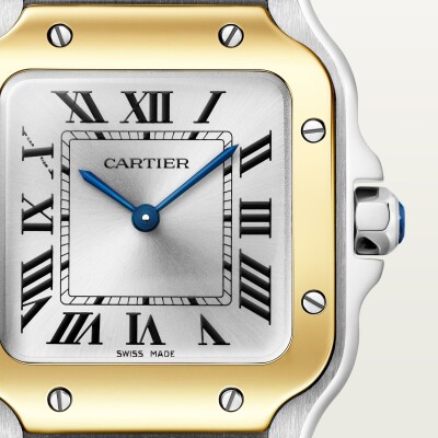 Montre Santos de Cartier Petit modèle, mouvement quartz, or jaune et acier, bracelets métal et cuir interchangeables