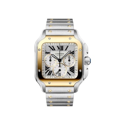 Montre Santos de Cartier Grand modèle, mouvement automatique, or jaune, acier, bracelets métal et caoutchouc interchangeables