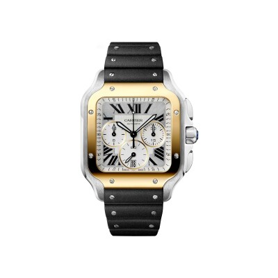 Montre Santos de Cartier Grand modèle, mouvement automatique, or jaune, acier, bracelets métal et caoutchouc interchangeables