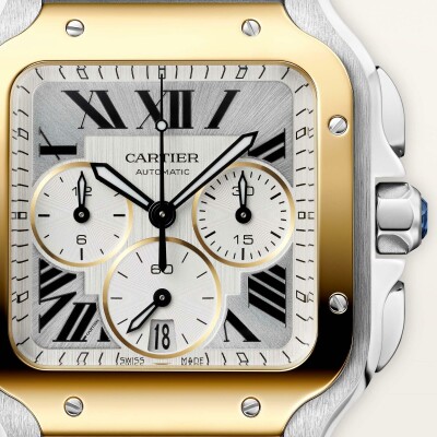 Montre Santos de Cartier Grand modèle, mouvement automatique, or jaune, acier, bracelets métal et caoutchouc interchangeables