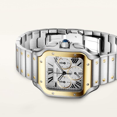 Montre Santos de Cartier Grand modèle, mouvement automatique, or jaune, acier, bracelets métal et caoutchouc interchangeables