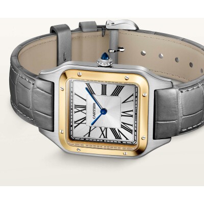 Montre Santos-Dumont de Cartier Grand modèle, mouvement quartz, or jaune, acier, cuir