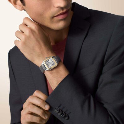 Montre Santos-Dumont de Cartier Grand modèle, mouvement quartz, or jaune, acier, cuir