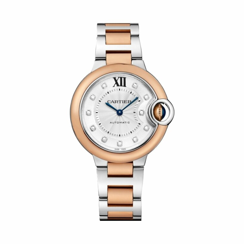 Ballon Bleu de Cartier watch, 33mm, automatic movement, rose gold, steel, diamonds