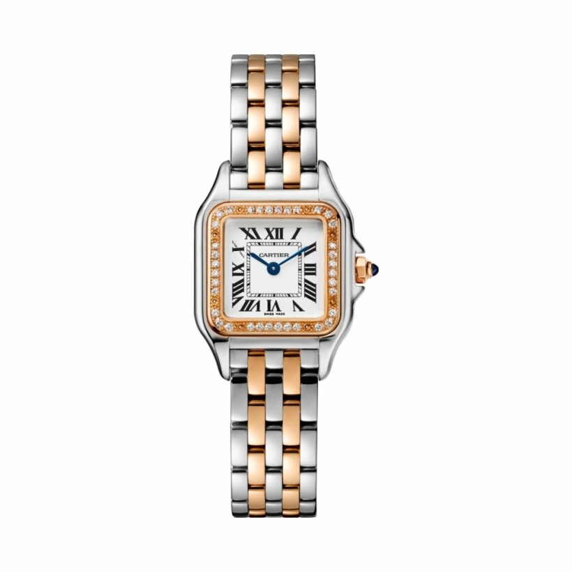 Panthère de Cartier watch, Small model, quartz movement, rose gold, steel, diamonds