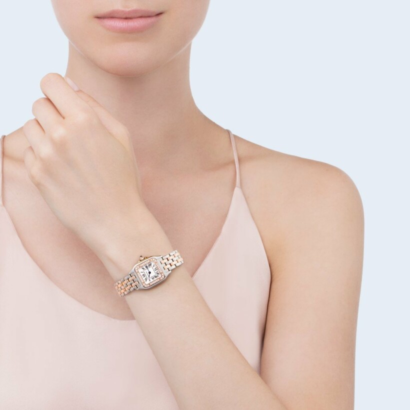 Panthère de Cartier watch, Small model, quartz movement, rose gold, steel, diamonds