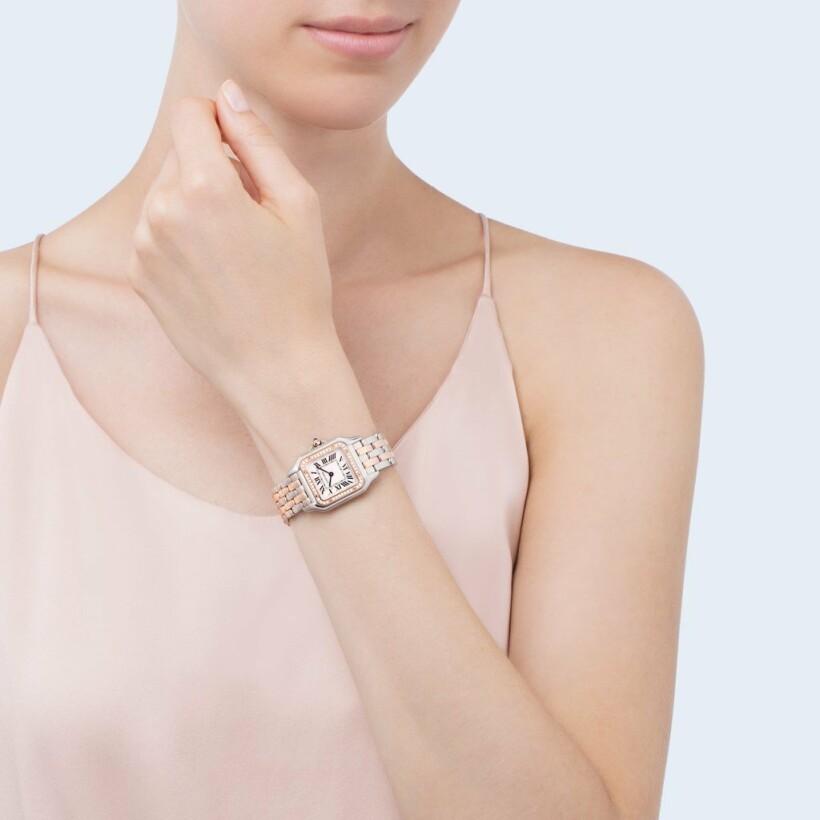 Panthère de Cartier watch, Medium model, quartz movement, rose gold, steel, diamonds