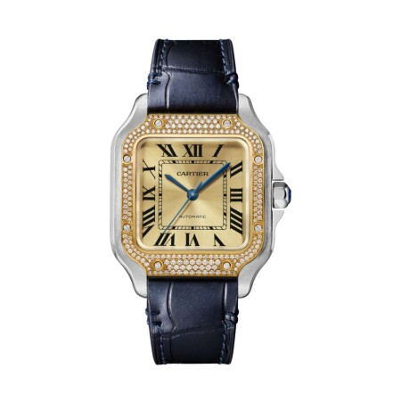 Santos de Cartier watch, Medium model, automatic movement, yellow gold, steel, diamonds, interchangeable metal and leather bracelets