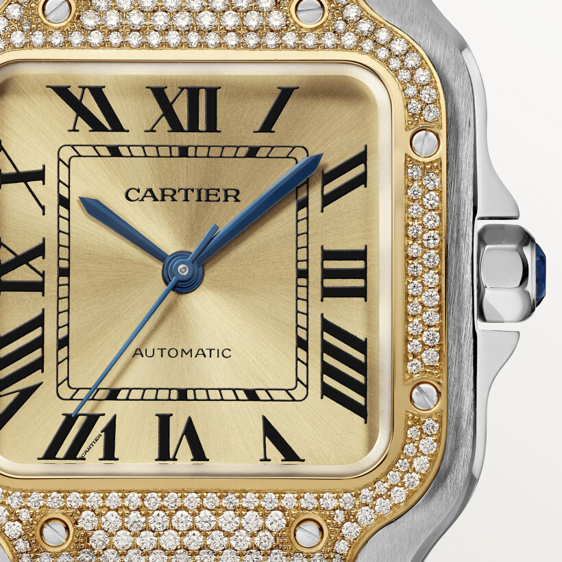 Montre Santos de Cartier Moyen modèle, mouvement automatique, or jaune , acier, diamants, bracelets métal et cuir interchangeables