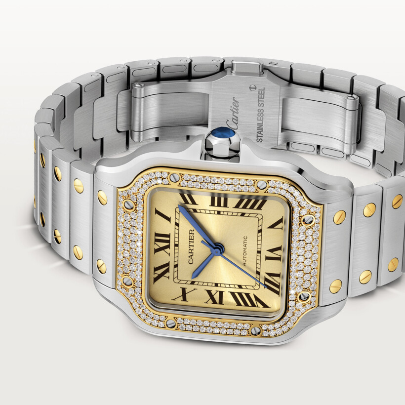 Santos de Cartier watch, Medium model, automatic movement, yellow gold, steel, diamonds, interchangeable metal and leather bracelets