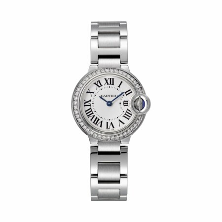 Montre Ballon Bleu de Cartier 28mm, mouvement quartz, acier, diamants