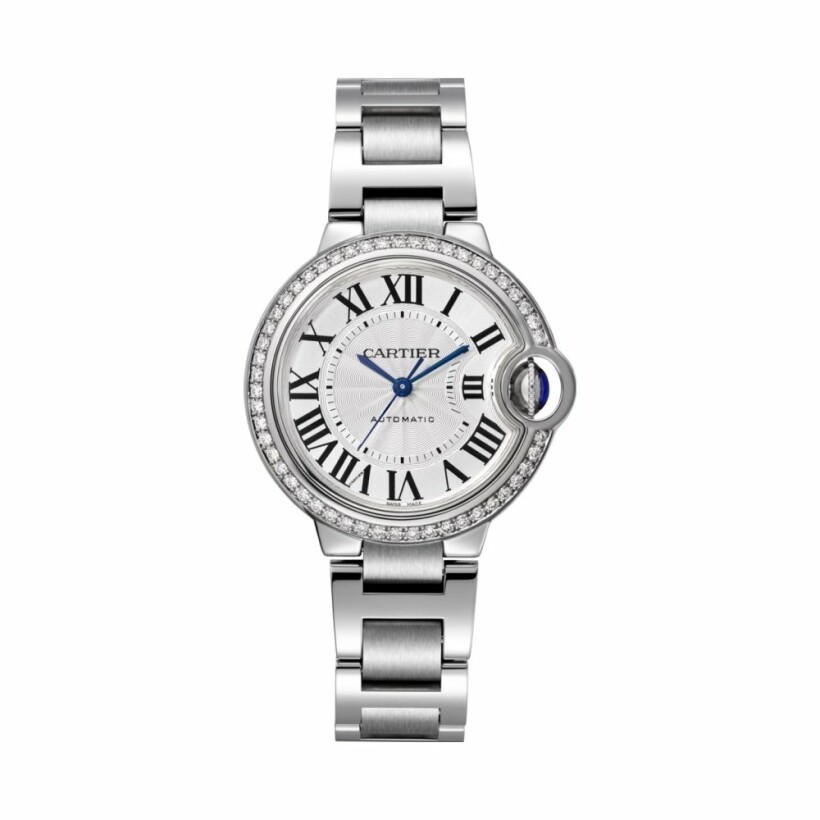Ballon Bleu de Cartier watch, 33mm, automatic movement, steel, diamonds