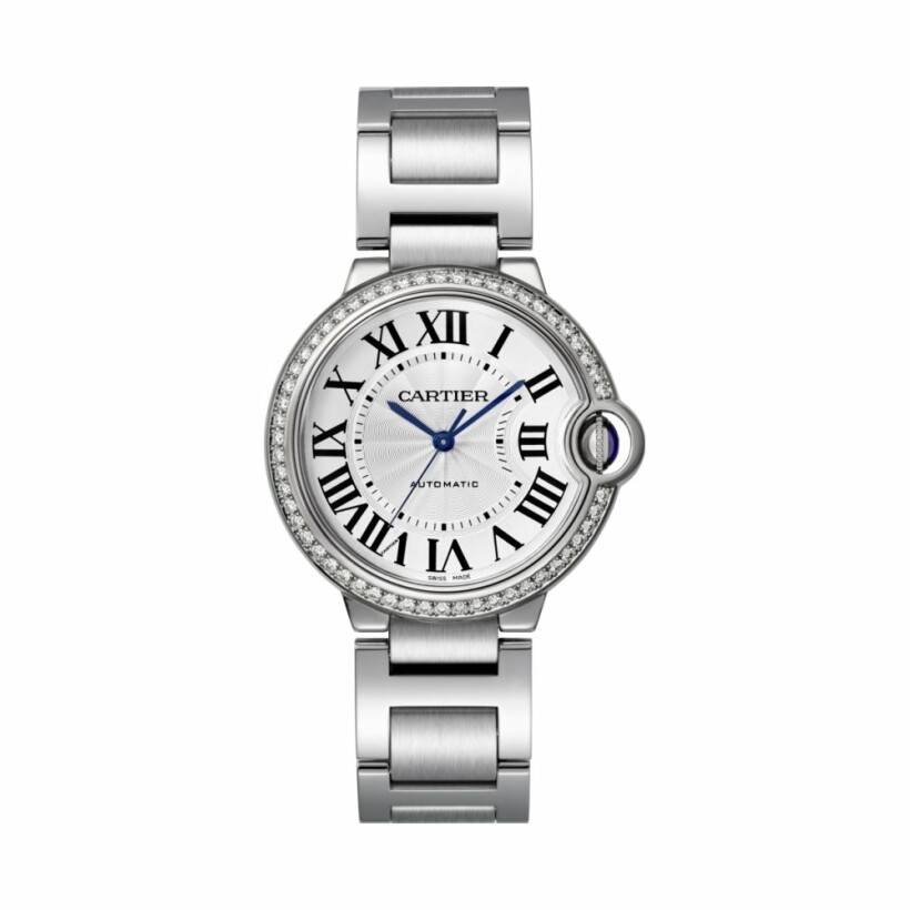 Ballon Bleu de Cartier watch, 36mm, automatic movement, steel, diamonds